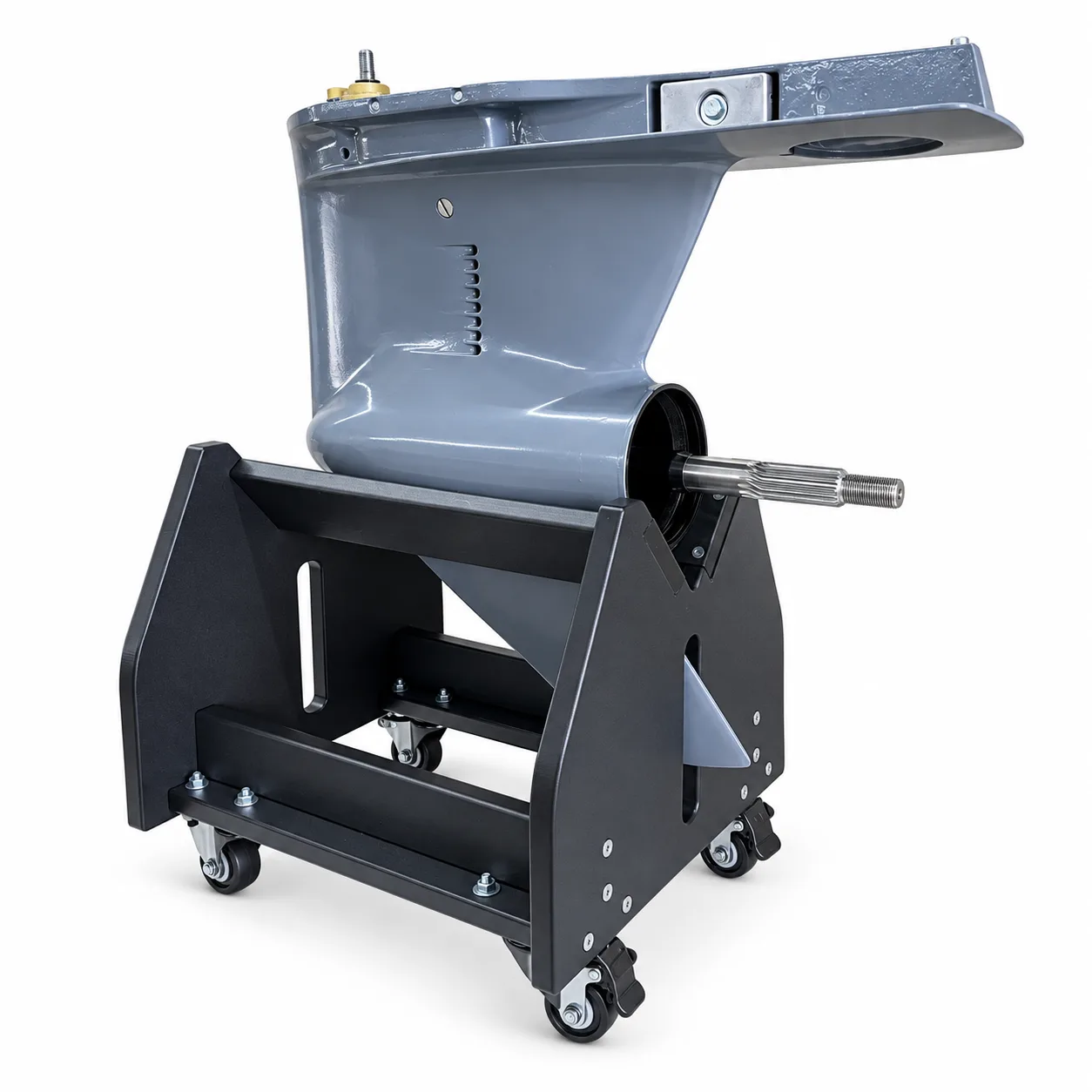 Black Universal Lower Unit Stand holding a gray outboard lower unit, three-quarter front view